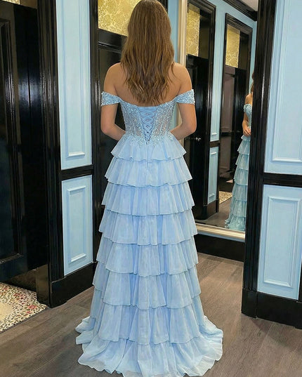 Chiffon Layered Prom Dresses Appliques Evening Party Gowns
