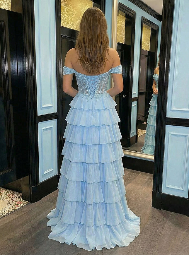 Chiffon Layered Prom Dresses Appliques Evening Party Gowns