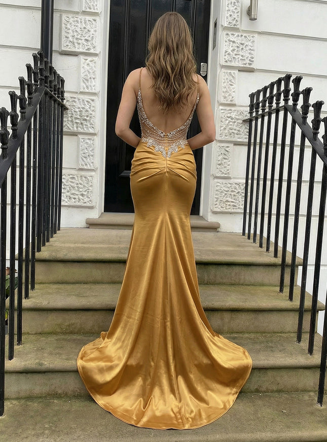 Spaghetti Straps Prom Dresses Beadings Evening Party Gowns