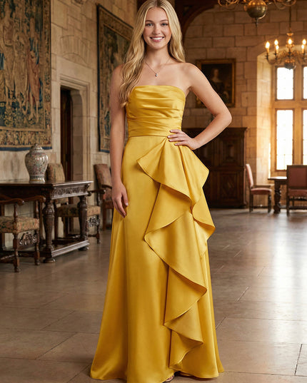 Strapless Satin Ruched Bodice Prom Dresses with Cascading Ruffle for Formal Evening Gowns