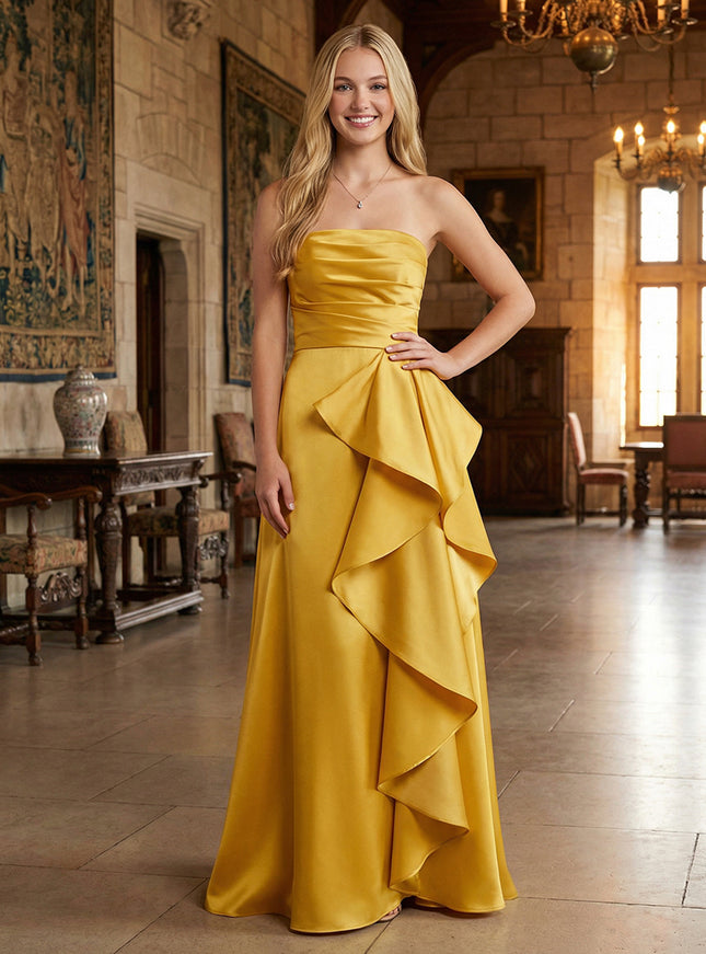 Strapless Satin Ruched Bodice Prom Dresses with Cascading Ruffle for Formal Evening Gowns