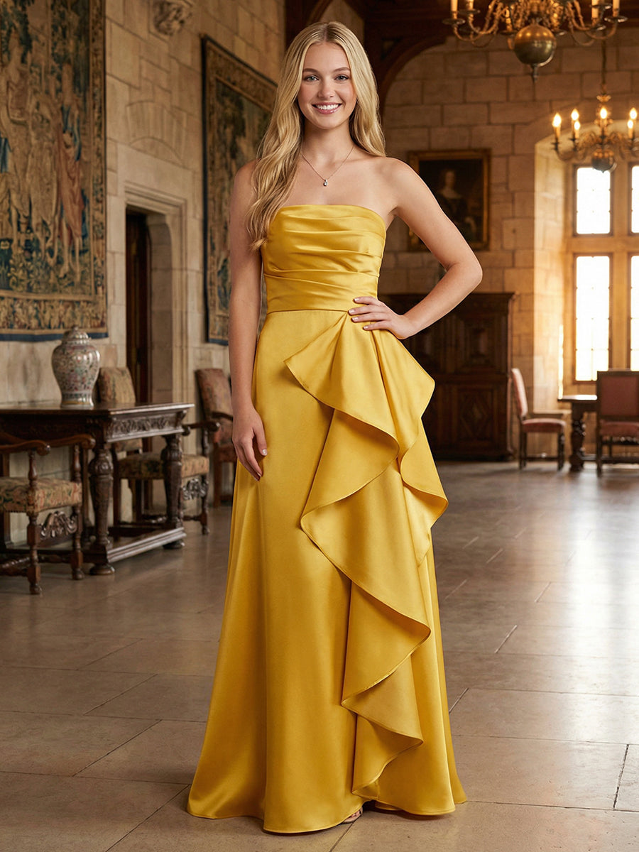 Strapless Satin Ruched Bodice Prom Dresses with Cascading Ruffle for Formal Evening Gowns