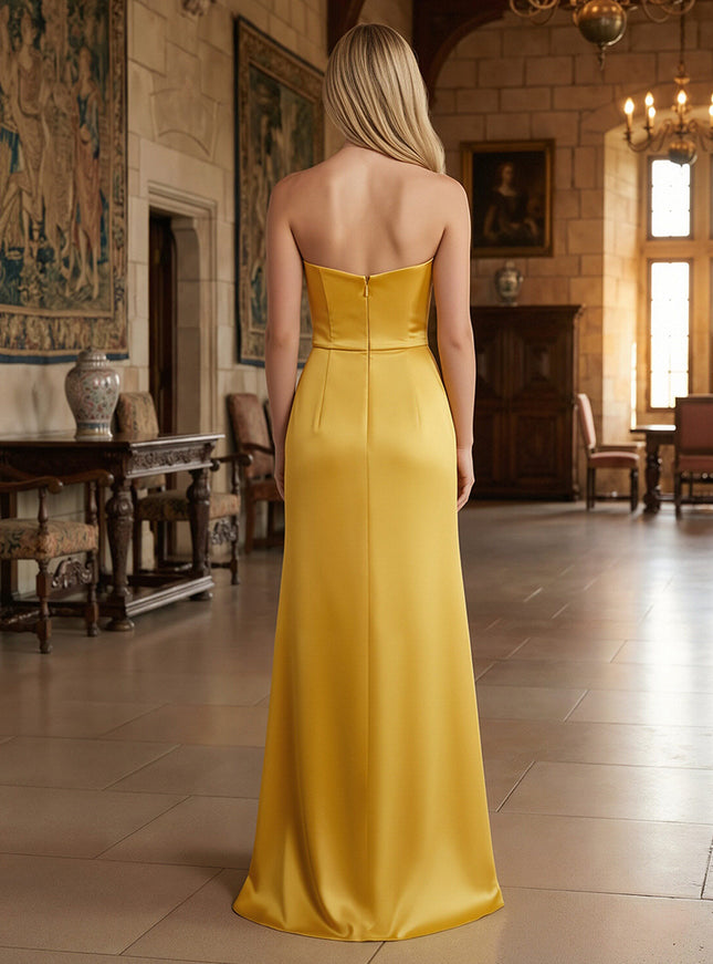 Strapless Satin Ruched Bodice Prom Dresses with Cascading Ruffle for Formal Evening Gowns