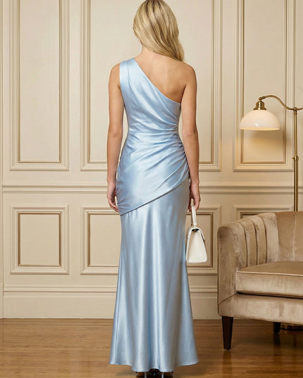 One Shoulder Satin Ruched Waist Prom Dresses for Evening Party Gowns