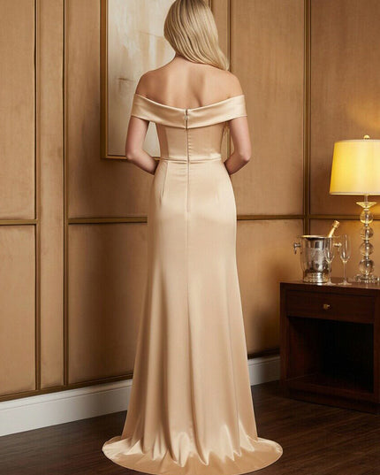 Off Shoulder Satin Ruched Bodice Prom Dresses for Evening Party Gowns with Sweep Train
