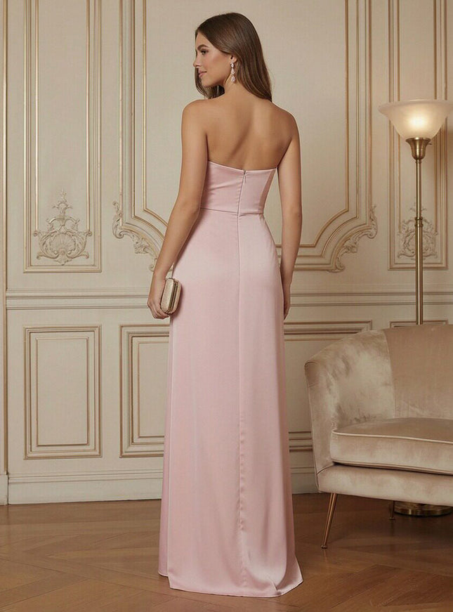 Sheath Strapless Sweetheart Ruched Bodice Prom Dresses with Bow & High Slit