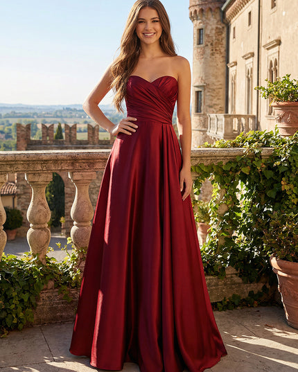 Strapless Sweetheart Ruched Bodice Prom Dresses Maxi Satin Ball Gowns