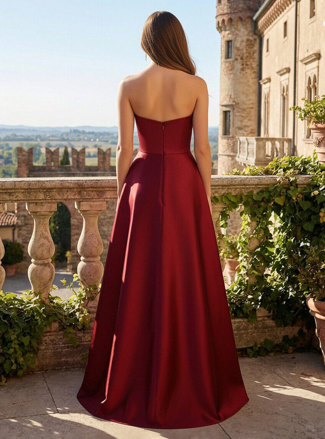 Strapless Sweetheart Ruched Bodice Prom Dresses Maxi Satin Ball Gowns