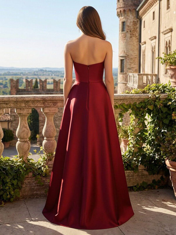 Strapless Sweetheart Ruched Bodice Prom Dresses Maxi Satin Ball Gowns