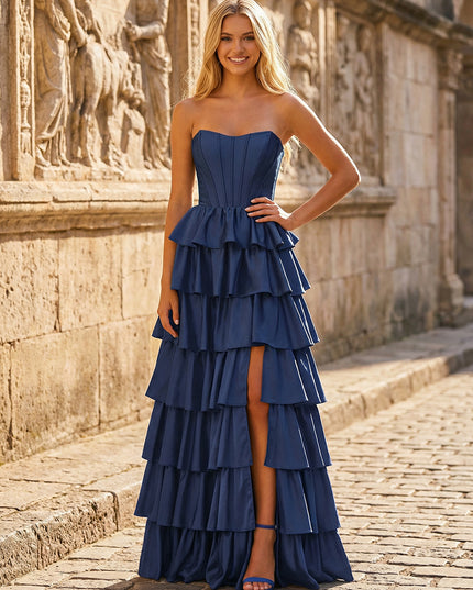 Strapless Satin Corset Bodice Tiered Ruffles Prom Dresses with Side Slit
