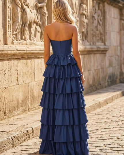 Strapless Satin Corset Bodice Tiered Ruffles Prom Dresses with Side Slit