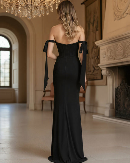 Off Shoulder Corset Bodice Sweetheart Stretch Crepe Prom Dresses with High Slit