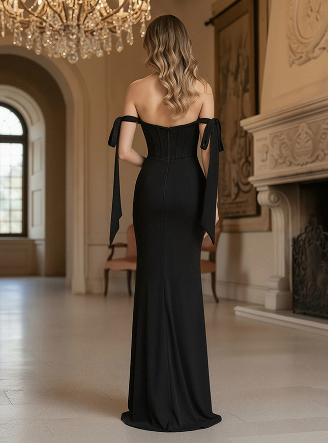 Off Shoulder Corset Bodice Sweetheart Stretch Crepe Prom Dresses with High Slit