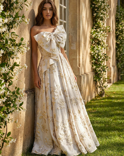 A-Line Strapless Floral Jacquard Prom Dresses Maxi Ball Gowns with Oversized Bow