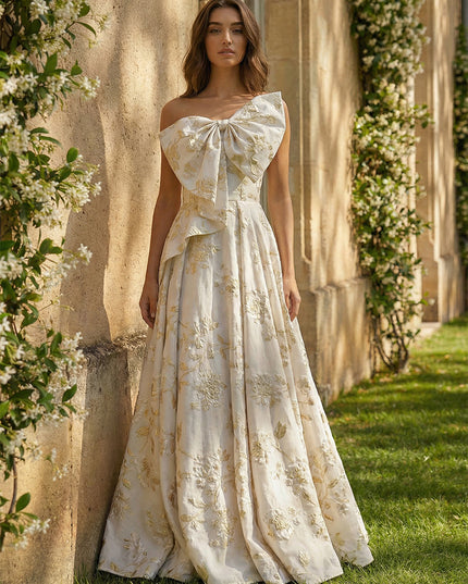 A-Line Strapless Floral Jacquard Prom Dresses Maxi Ball Gowns with Oversized Bow