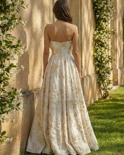 A-Line Strapless Floral Jacquard Prom Dresses Maxi Ball Gowns with Oversized Bow