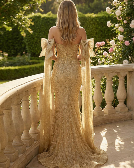 Strapless Mermaid Sequin Prom Dresses Maxi Evening Gowns with Draped Bow Sleeves & Sweep Train