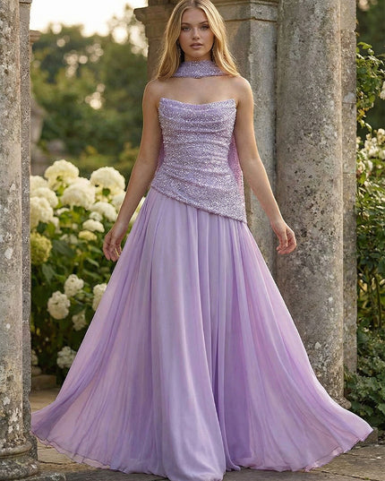 A-Line Strapless Chiffon Ruched Corset Prom Dresses Maxi Sequin Gowns with Scarf