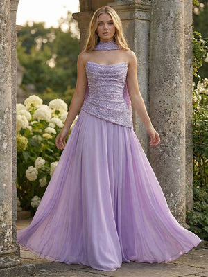 A-Line Strapless Chiffon Ruched Corset Formal Dresses Maxi Sequin Gowns with Scarf