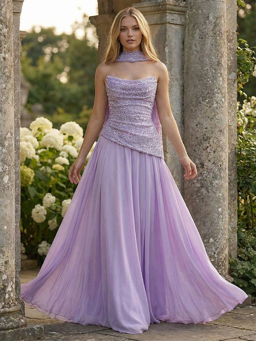 A-Line Strapless Chiffon Ruched Corset Formal Dresses Maxi Sequin Gowns with Scarf