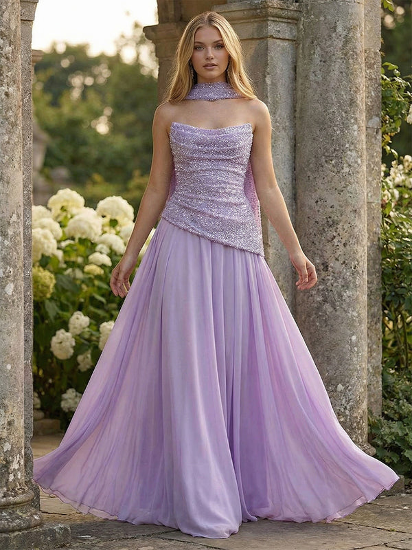 A-Line Strapless Chiffon Ruched Corset Formal Dresses Maxi Sequin Gowns with Scarf