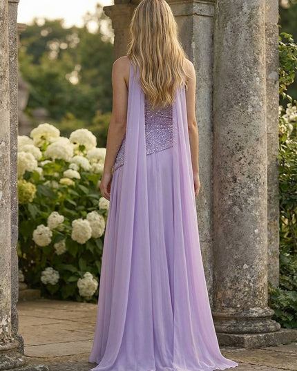 A-Line Strapless Chiffon Ruched Corset Prom Dresses Maxi Sequin Gowns with Scarf