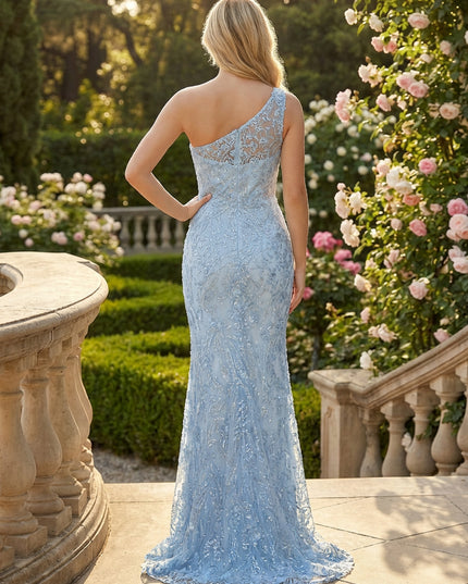 Mermaid One Shoulder Lace Prom Dresses Maxi Evening Gowns with Sequin Floral Embroidery & Sweep Train