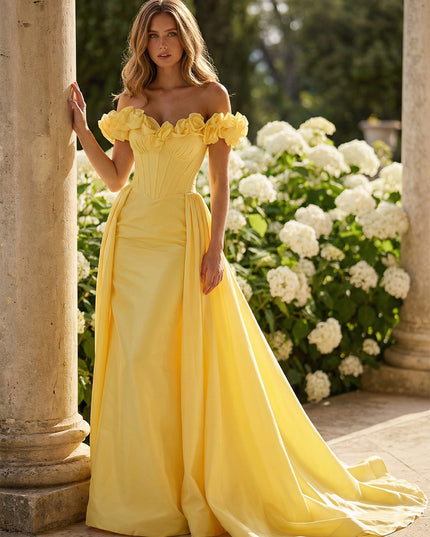 Off Shoulder 3D Floral Satin Prom Dresses Ruched Corset Maxi Garden Events Gown with Sweep Train