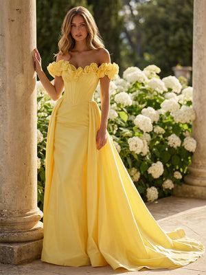 Off Shoulder 3D Floral Satin Formal Dresses Ruched Corset Maxi Garden Events Gown with Sweep Train