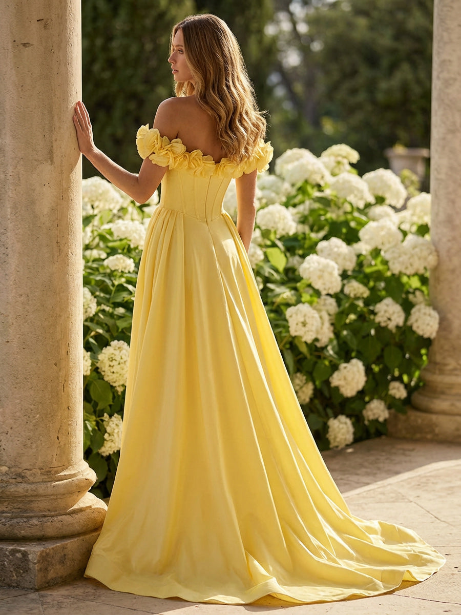 Off Shoulder 3D Floral Satin Prom Dresses Ruched Corset Maxi Garden Events Gown with Sweep Train