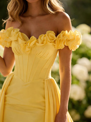 Off Shoulder 3D Floral Satin Formal Dresses Ruched Corset Maxi Garden Events Gown with Sweep Train