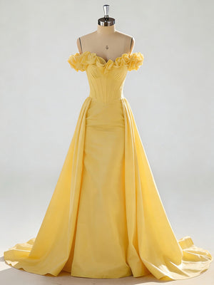 Off Shoulder 3D Floral Satin Formal Dresses Ruched Corset Maxi Garden Events Gown with Sweep Train
