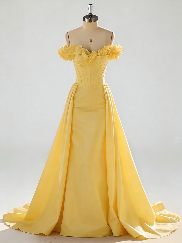 Off Shoulder 3D Floral Satin Formal Dresses Ruched Corset Maxi Garden Events Gown with Sweep Train