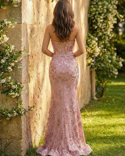 Sheath Strapless Floral Embroidered Tulle Prom Dresses Maxi Spring Dress with Slit