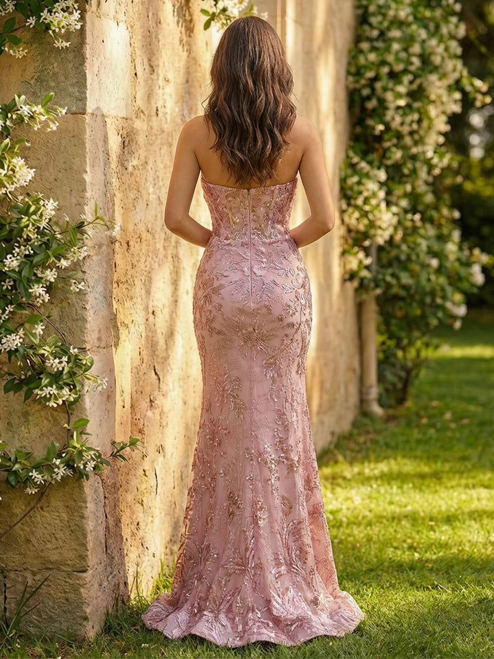 Sheath Strapless Floral Embroidered Tulle Evening Dresses Maxi Spring Dress with Slit