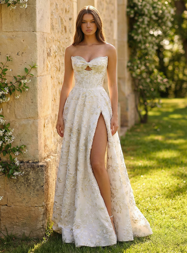 A-Line Strapless Sweetheart Floral Jacquard Prom Dresses Corset Cut-out Ball Gowns with Slit
