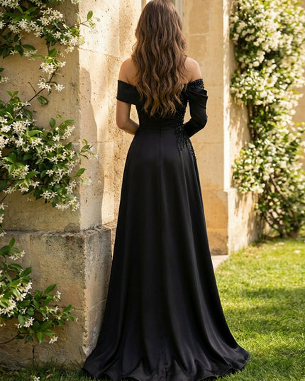 Sheath Satin Off Shoulder Ruched Waist Prom Dresses Maxi Black-Tie Luxury Gowns with Rhinestones & High Slit