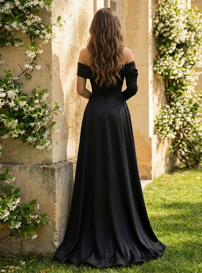 Sheath Satin Off Shoulder Ruched Waist Prom Dresses Maxi Black-Tie Luxury Gowns with Rhinestones & High Slit