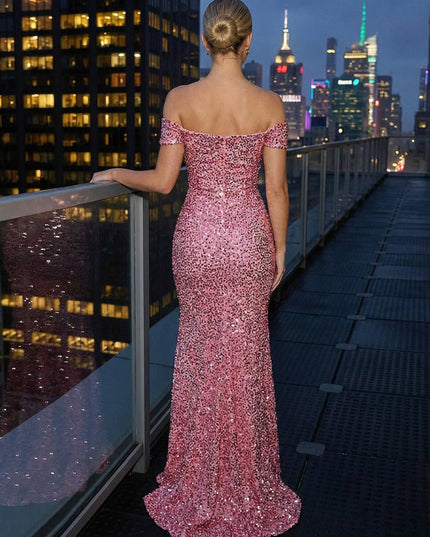 Sheath Sparkly Sequin Off Shoulder Sweetheart Prom Dresses Cut-out Maxi Evening Gowns with Slit
