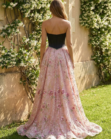 A-Line Tulle Prom Dresses Strapless Corset Bodice Maxi Ball Gowns with Floral Sequin Embroidery & Sweep Train