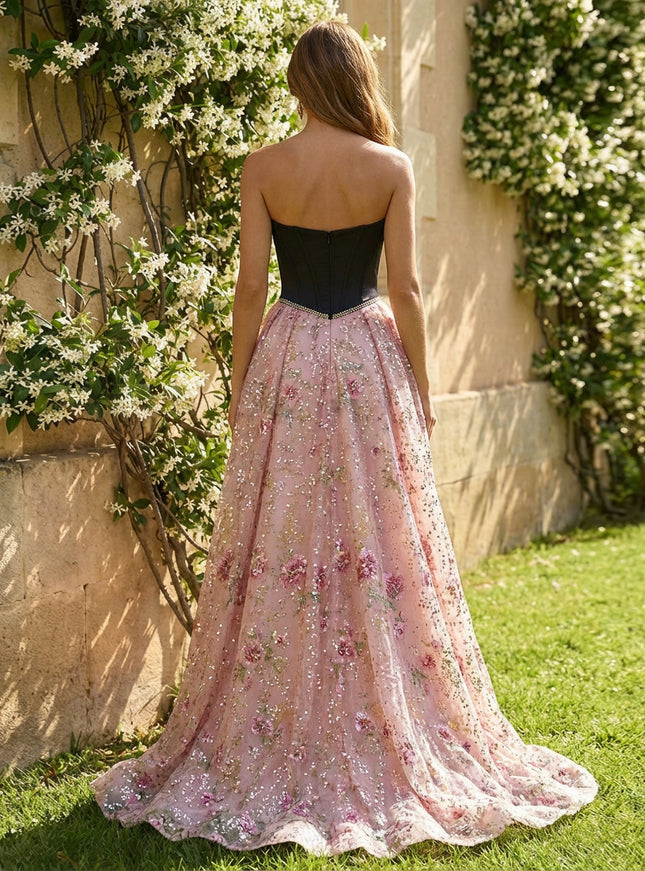 A-Line Tulle Prom Dresses Strapless Corset Bodice Maxi Ball Gowns with Floral Sequin Embroidery & Sweep Train