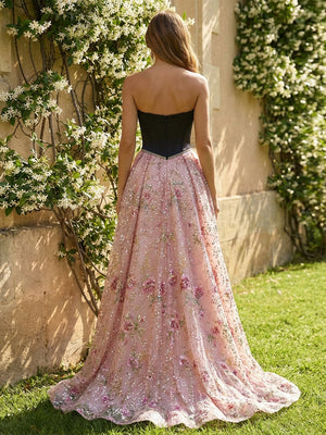 A-Line Tulle Evening Dresses Strapless Corset Bodice Maxi Ball Gowns with Floral Sequin Embroidery