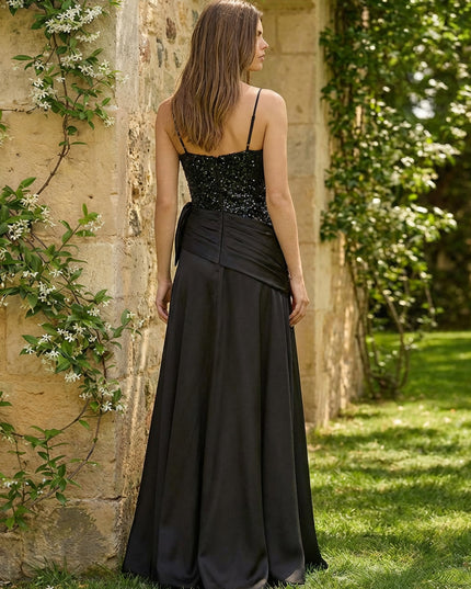 A-Line Satin Spaghetti Straps Prom Dresses Ruched Waist Maxi Evening Gowns with Sequin Corset Bodice & Slit