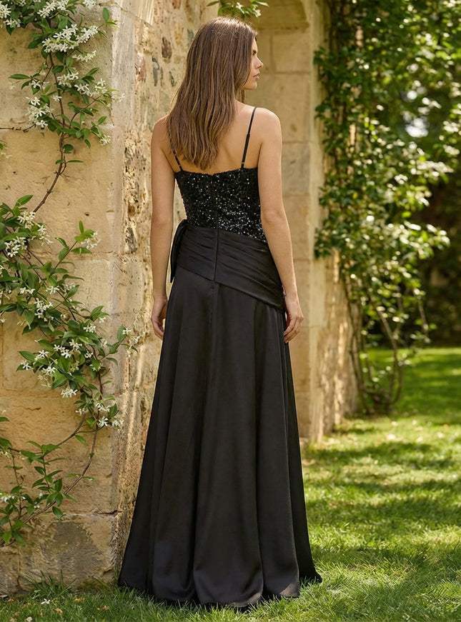 A-Line Satin Spaghetti Straps Prom Dresses Ruched Waist Maxi Evening Gowns with Sequin Corset Bodice & Slit
