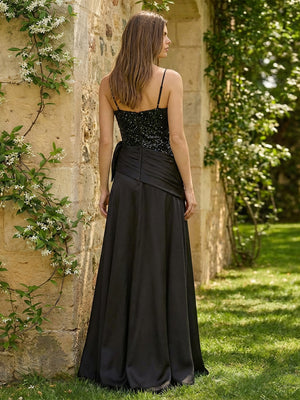 A-Line Satin Spaghetti Straps Evening Dresses Ruched Waist Maxi Gowns with Sequin Corset Bodice & Slit