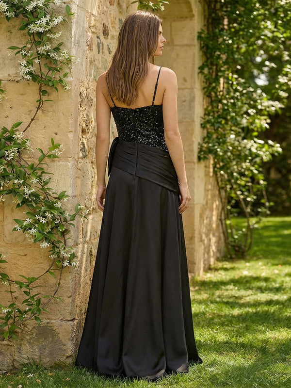 A-Line Satin Spaghetti Straps Evening Dresses Ruched Waist Maxi Gowns with Sequin Corset Bodice & Slit