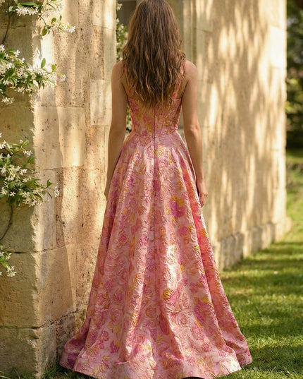 A-Line/Princess Floral Jacquard Sweetheart Prom Dresses Corset Maxi Ball Gowns with High Slit