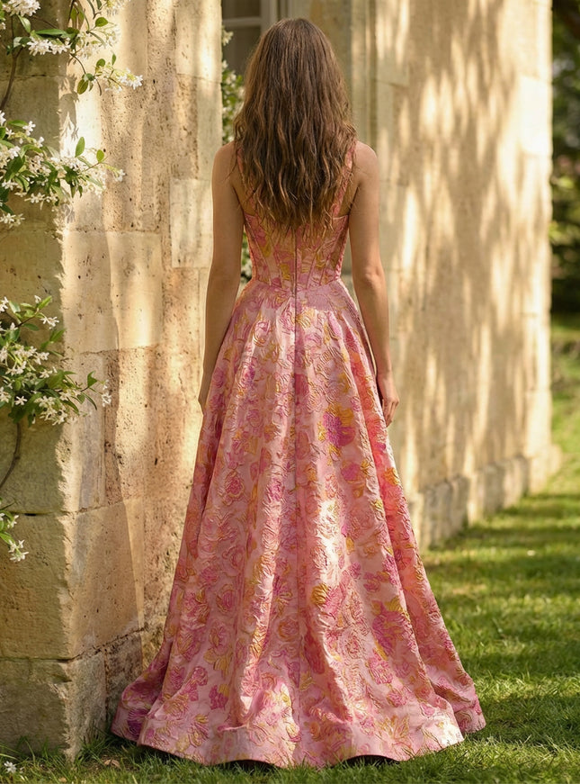 A-Line/Princess Floral Jacquard Sweetheart Prom Dresses Corset Maxi Ball Gowns with High Slit