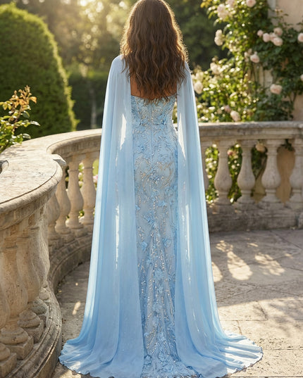 Sheath Strapless 3D Floral Beaded Bodice Prom Dresses Chiffon Cape Maxi Sequin Fairy Gowns with High Slit