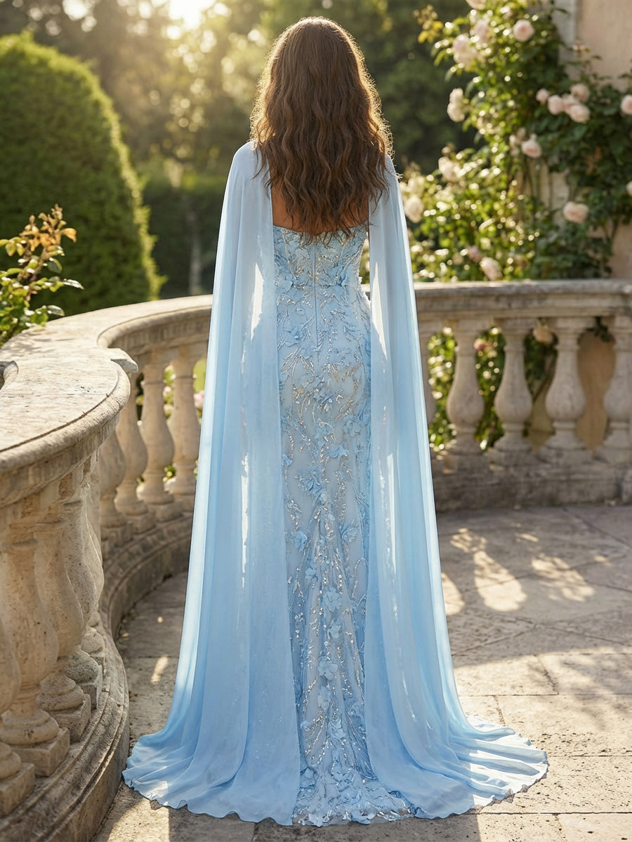 Sheath Strapless 3D Floral Beaded Evening Dresses Chiffon Cape Maxi Sequin Fairy Gowns with Slit